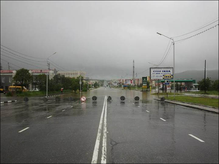 Road closed in flooded Magadan