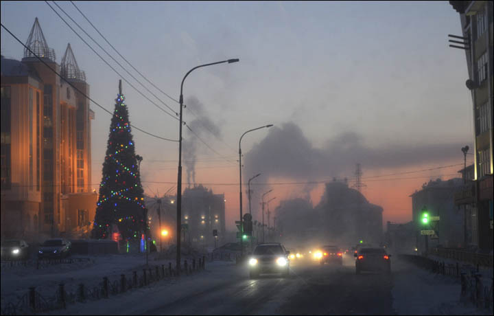Salekhard in evening smog