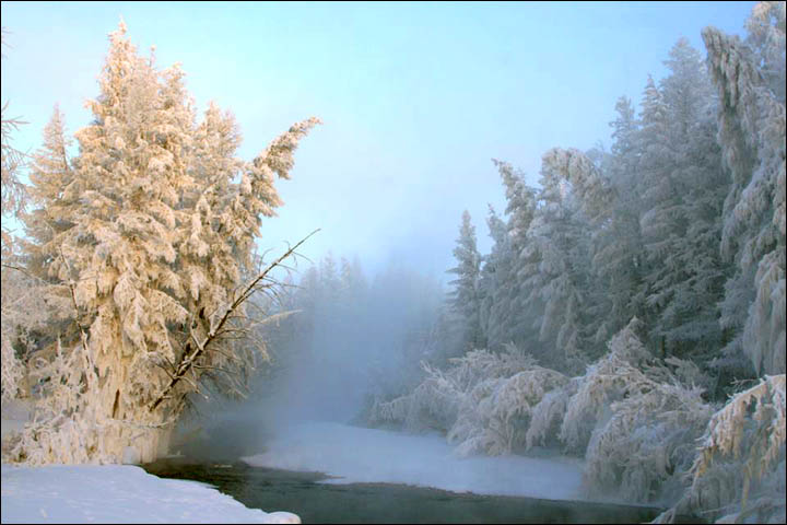 A brave swimmer peels off for a dip in an icy pool in Oymyakon, the coldest inhabited settlement in the world.  