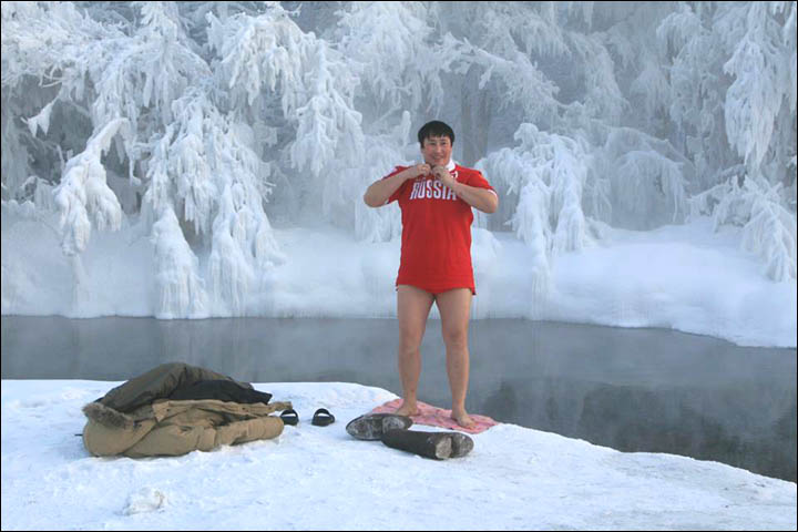 A brave swimmer peels off for a dip in an icy pool in Oymyakon, the coldest inhabited settlement in the world.  