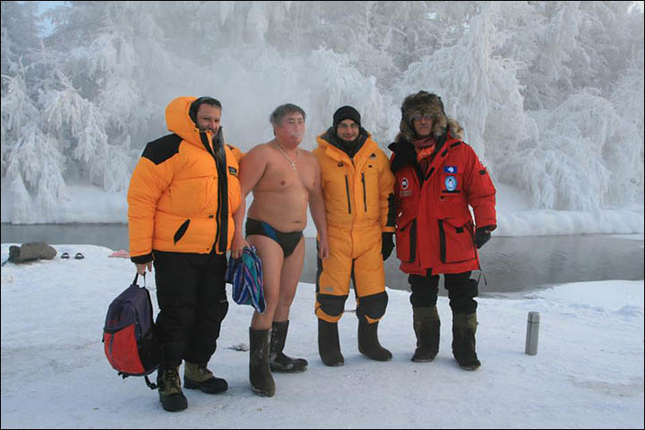 A brave swimmer peels off for a dip in an icy pool in Oymyakon, the coldest inhabited settlement in the world.  