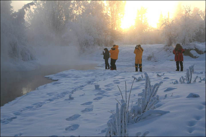 A brave swimmer peels off for a dip in an icy pool in Oymyakon, the coldest inhabited settlement in the world.  