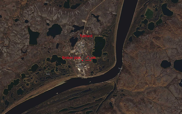 Worrying pictures show the latest leak of toxic fuel into the Arctic waterways in the northern Taymyr peninsula