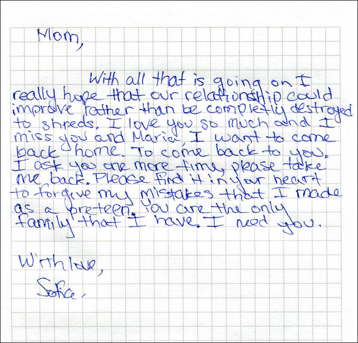 Sofia's letter to mother