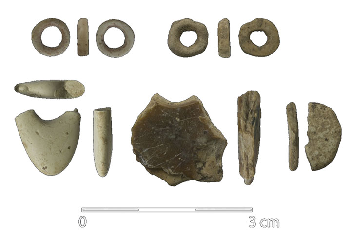 Stone and ostrich egg shell beads from Tolbor